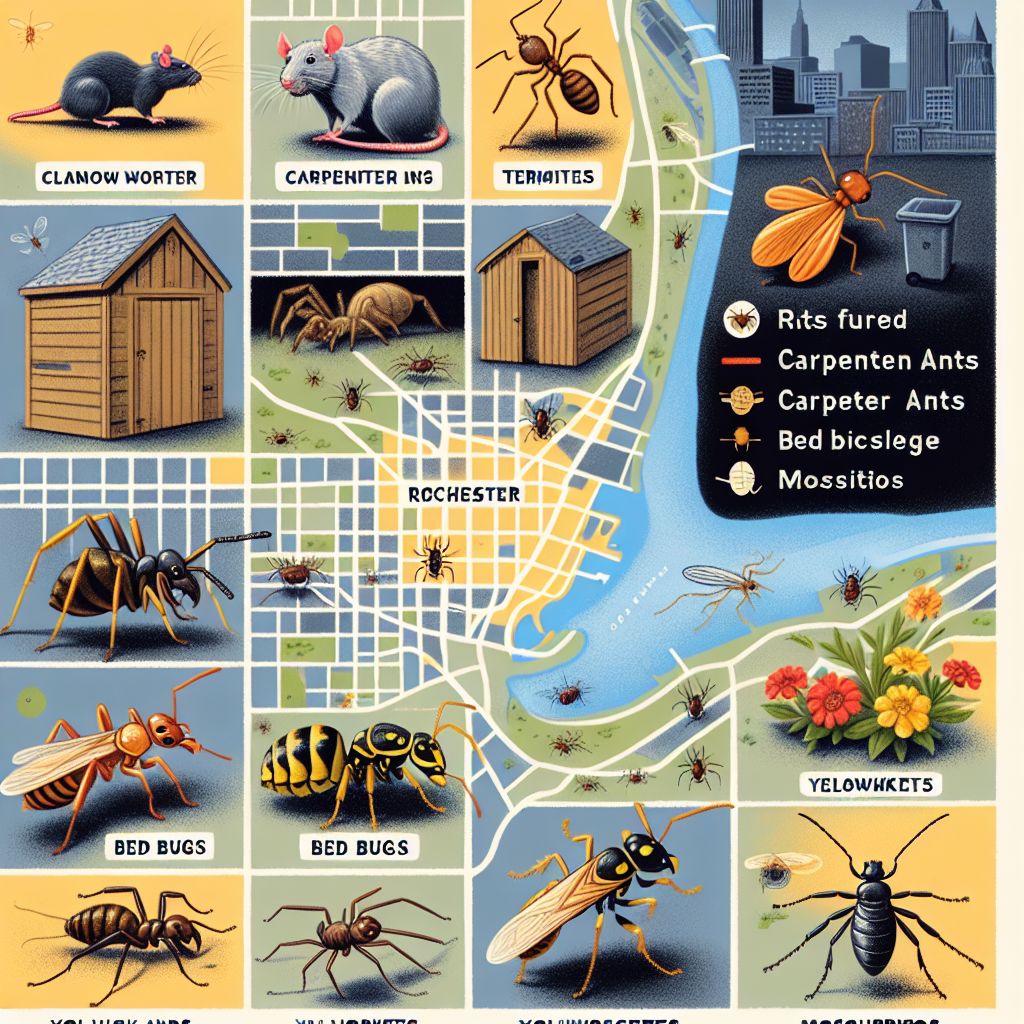 A detailed map of Rochester pinpointing areas prone to specific pests and offering prevention tips.